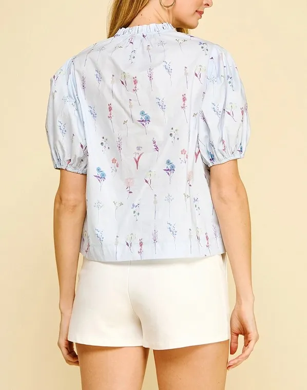 BLUE FLORAL BALLOON SLEEVE BLOUSE