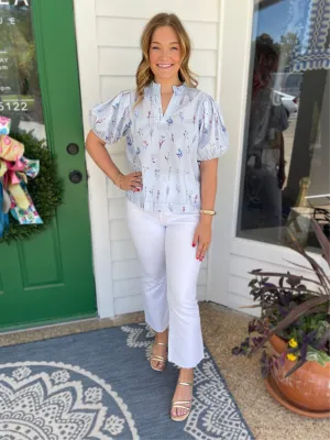 BLUE FLORAL BALLOON SLEEVE BLOUSE