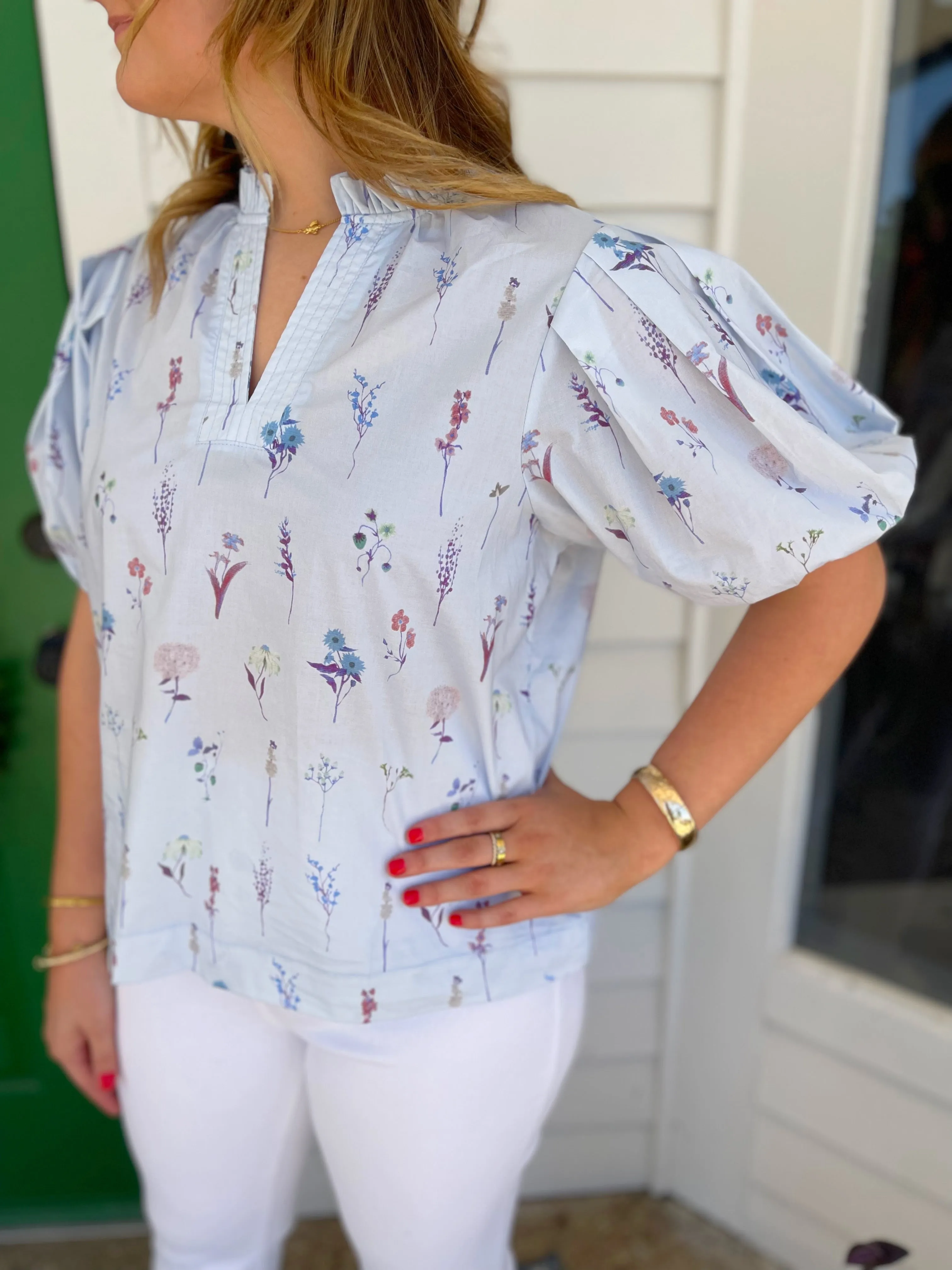 BLUE FLORAL BALLOON SLEEVE BLOUSE