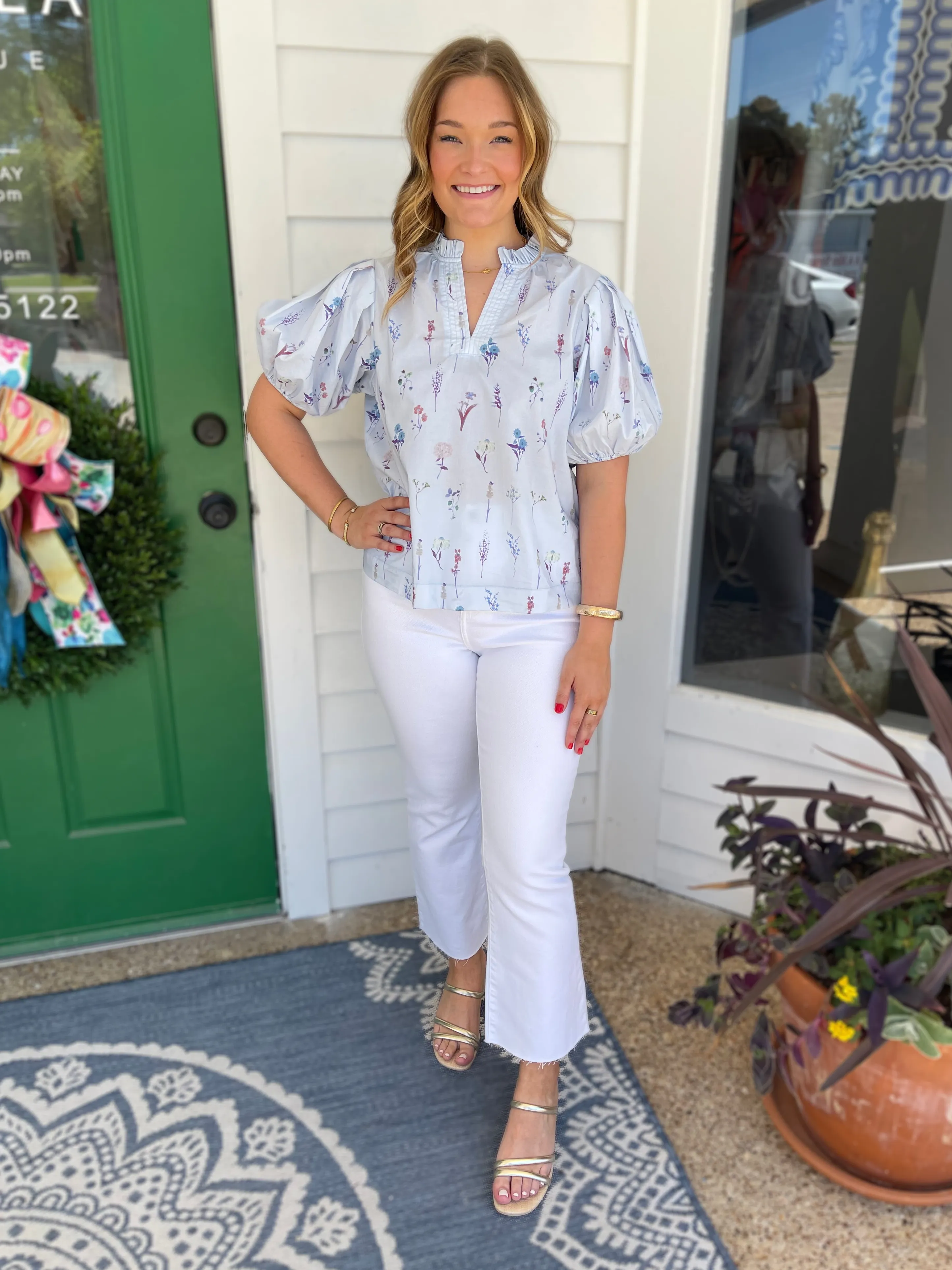 BLUE FLORAL BALLOON SLEEVE BLOUSE