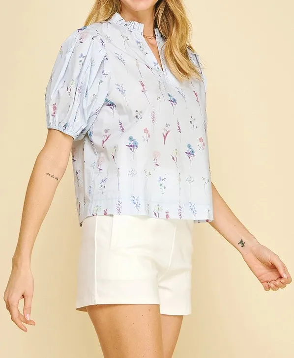 BLUE FLORAL BALLOON SLEEVE BLOUSE