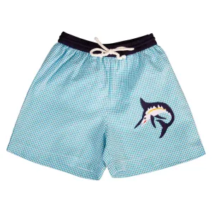 Blue Marlin Applique Turquoise Gingham Seersucker Boy Swim Shorts