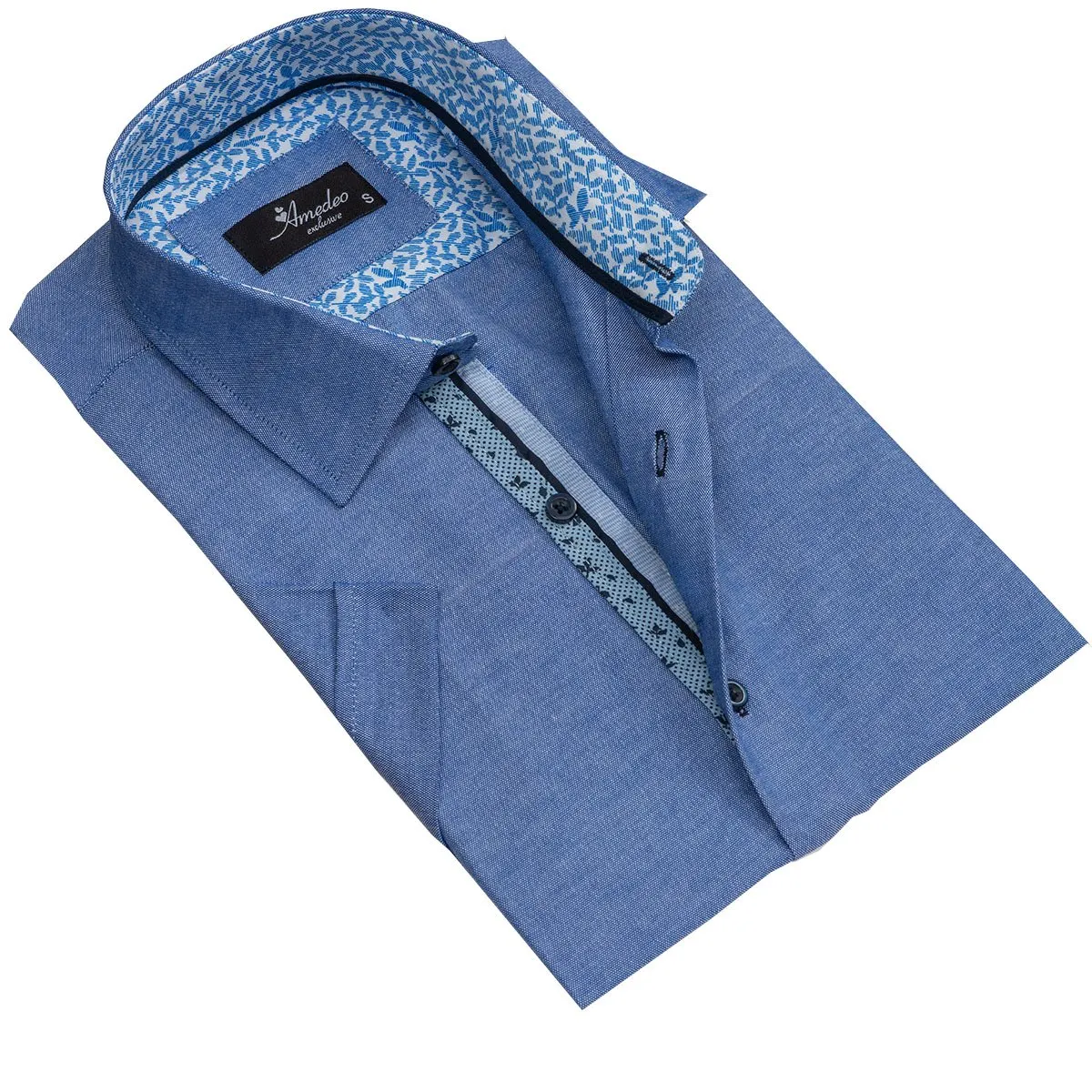 Blue Mens Short Sleeve Button up Shirts - Tailored Slim Fit Cotton Dress Shirts