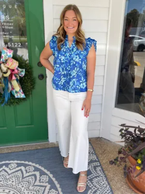 BLUE MULTI FLORAL PRINT RUFFLED SLEEVE BUTTON UP BLOUSE