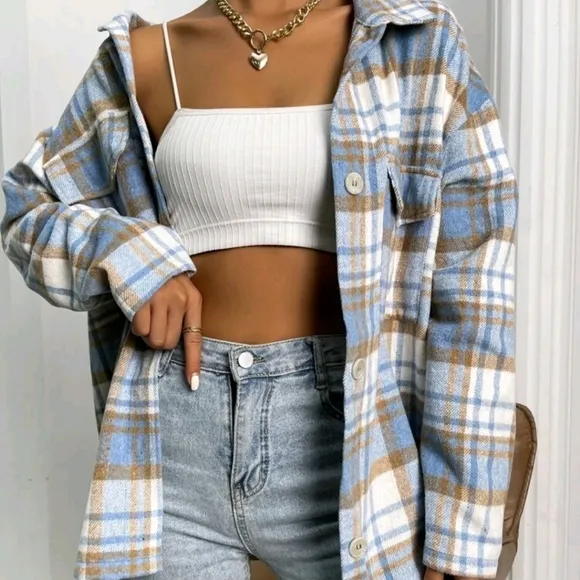 Blue Plaid Flap Pocket Overcoat