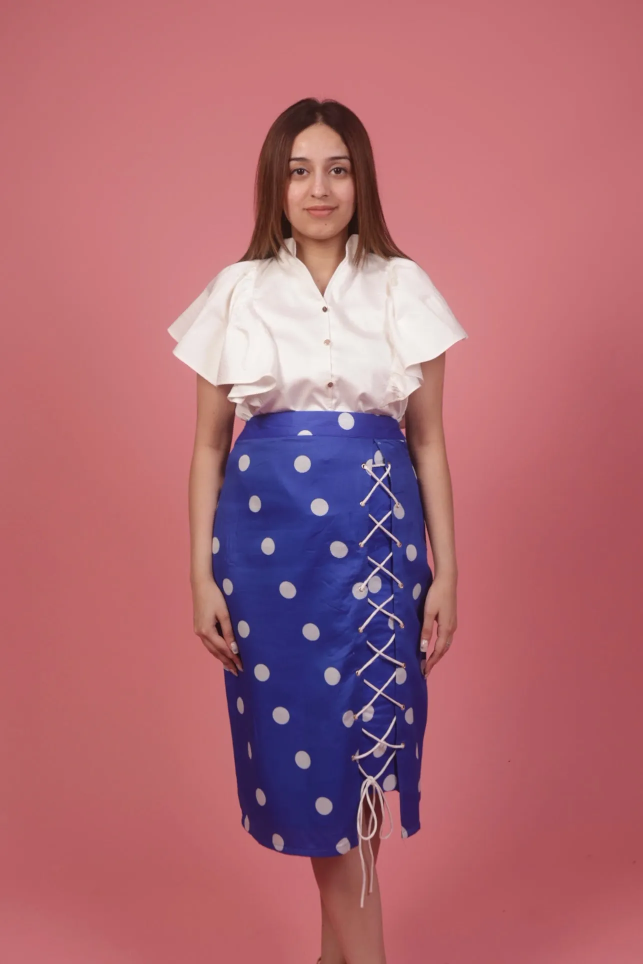 Blue Polka Skirt With Ruffle White Top