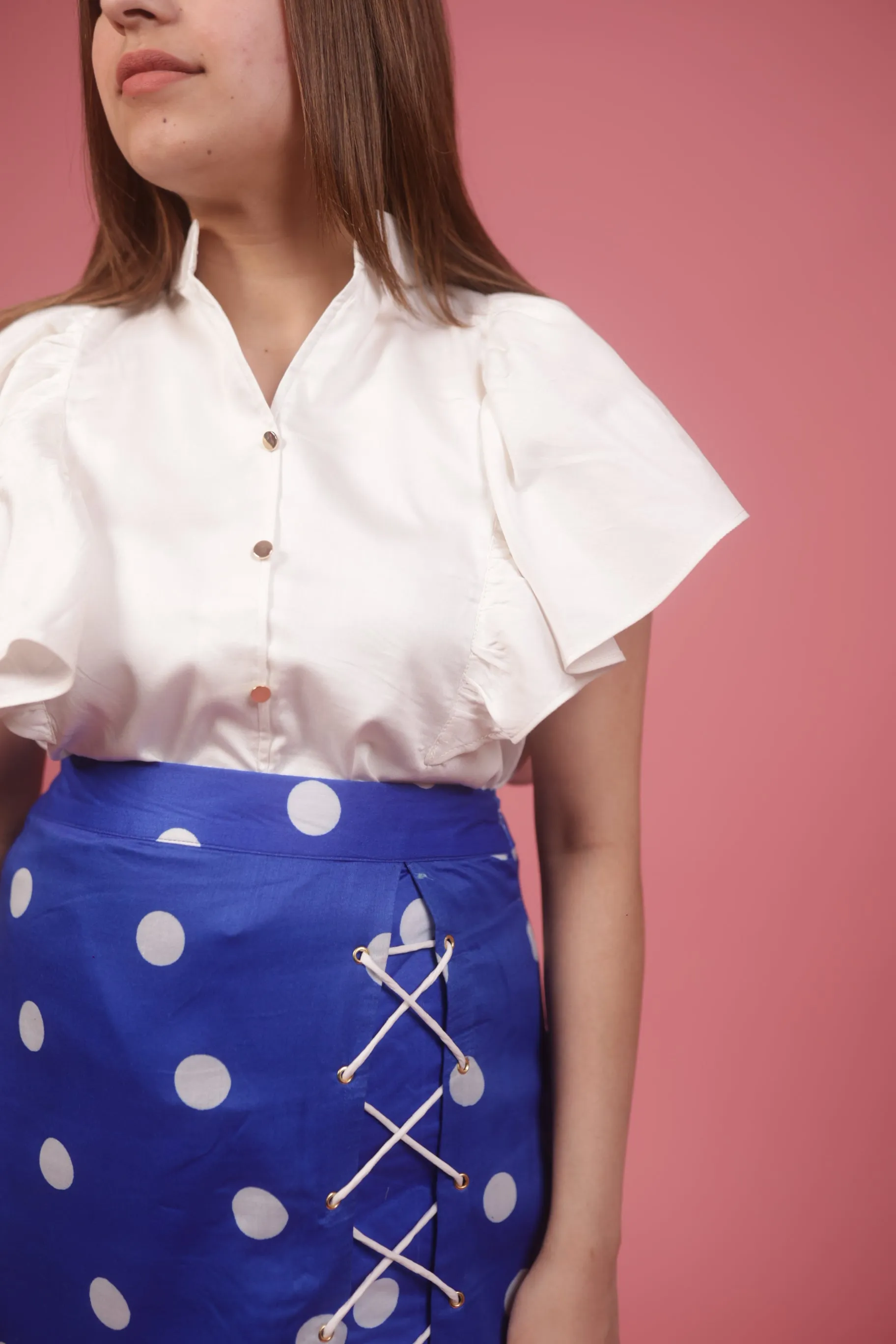 Blue Polka Skirt With Ruffle White Top