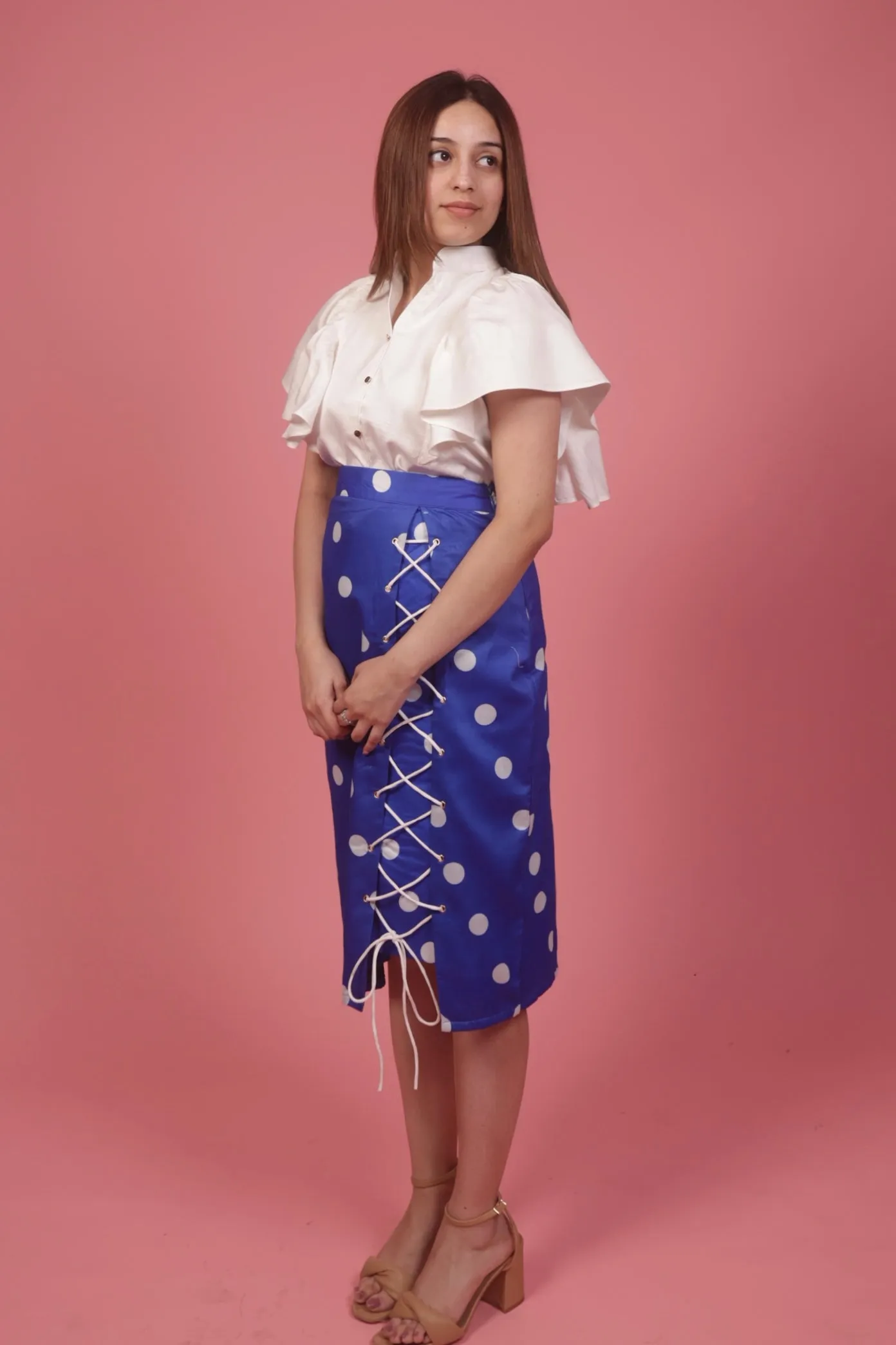 Blue Polka Skirt With Ruffle White Top