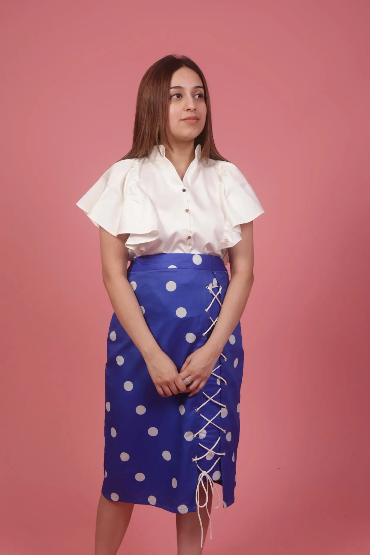 Blue Polka Skirt With Ruffle White Top