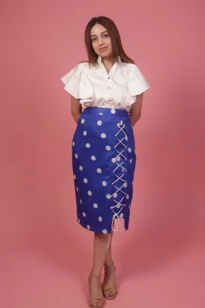 Blue Polka Skirt With Ruffle White Top