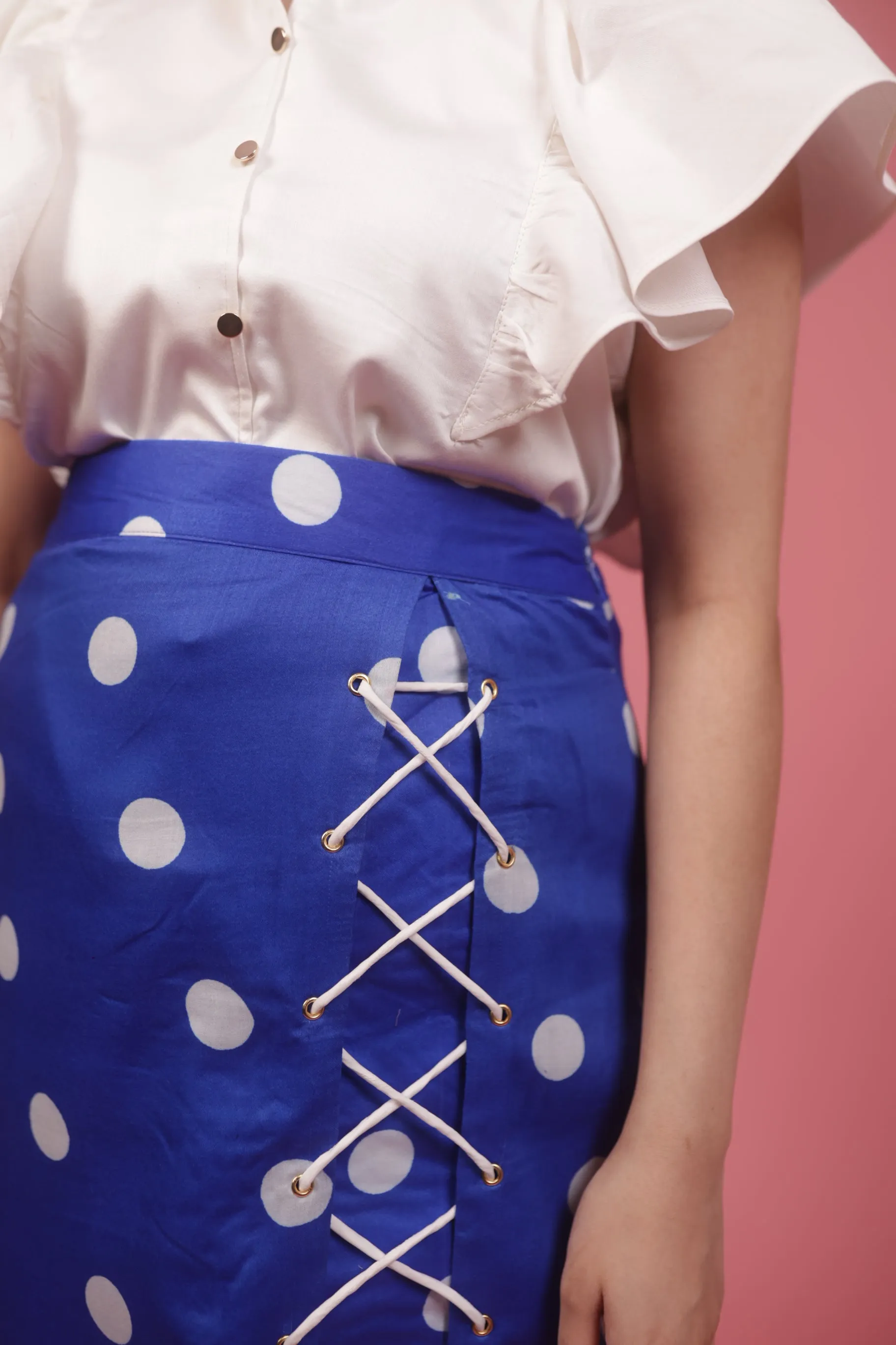 Blue Polka Skirt With Ruffle White Top