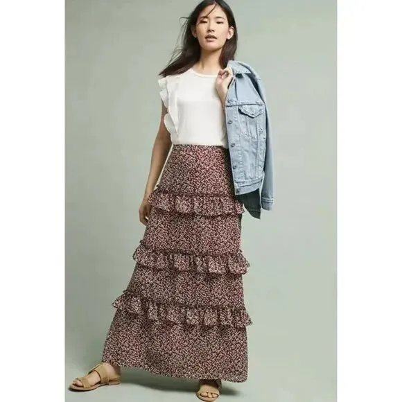 Blue Tassel Printed Ruffled Maxi Skirt