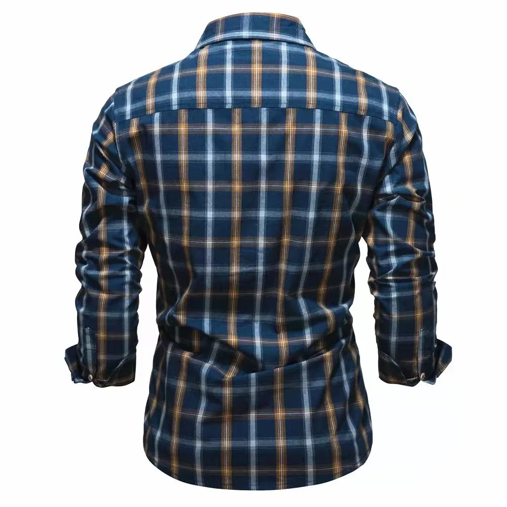 Bonsir Fashion Mens Plaid Shirt Long Sleeve Bomber Military Shirts Cotton High Quality Business Casual Lapel Shirt Men Spring New