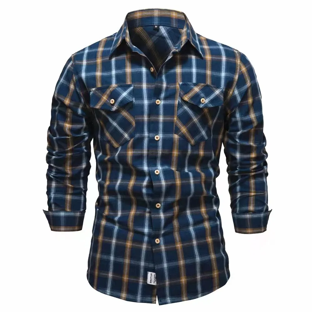 Bonsir Fashion Mens Plaid Shirt Long Sleeve Bomber Military Shirts Cotton High Quality Business Casual Lapel Shirt Men Spring New