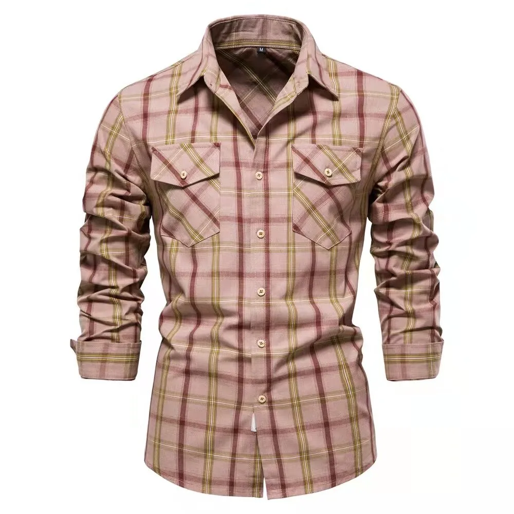 Bonsir Fashion Mens Plaid Shirt Long Sleeve Bomber Military Shirts Cotton High Quality Business Casual Lapel Shirt Men Spring New