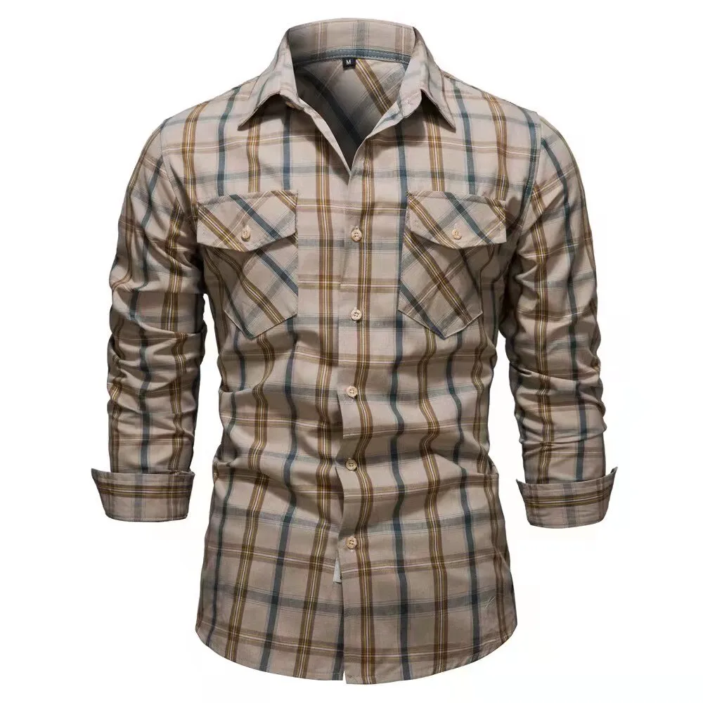 Bonsir Fashion Mens Plaid Shirt Long Sleeve Bomber Military Shirts Cotton High Quality Business Casual Lapel Shirt Men Spring New