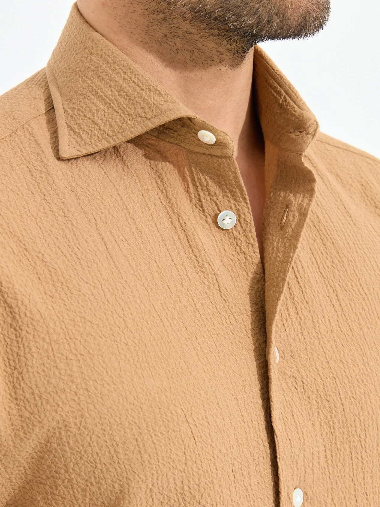 Borriello Napoli - "Il Seersucker" Light Brown Shirt In Pre-Washed Cotton