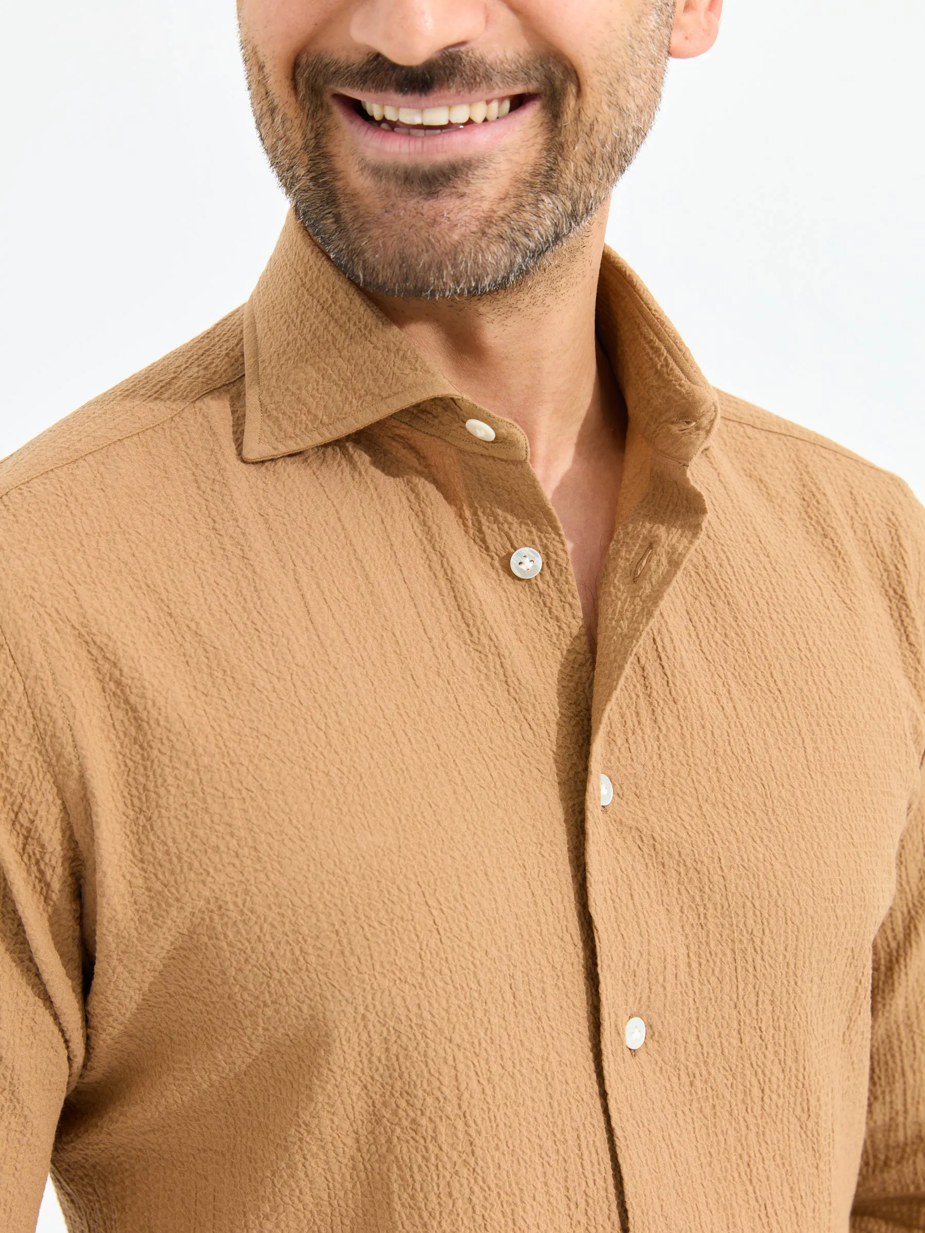 Borriello Napoli - "Il Seersucker" Light Brown Shirt In Pre-Washed Cotton