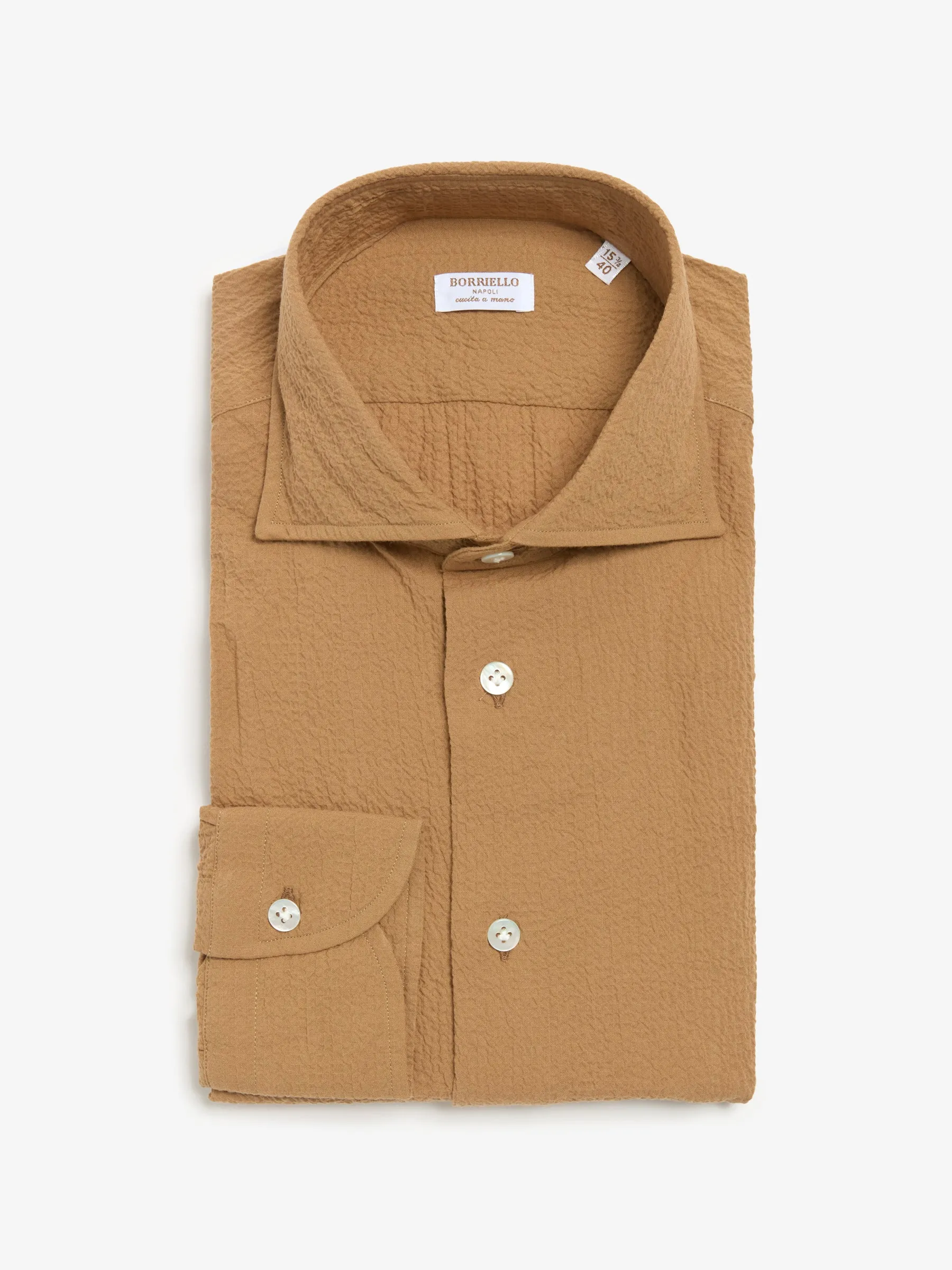 Borriello Napoli - "Il Seersucker" Light Brown Shirt In Pre-Washed Cotton