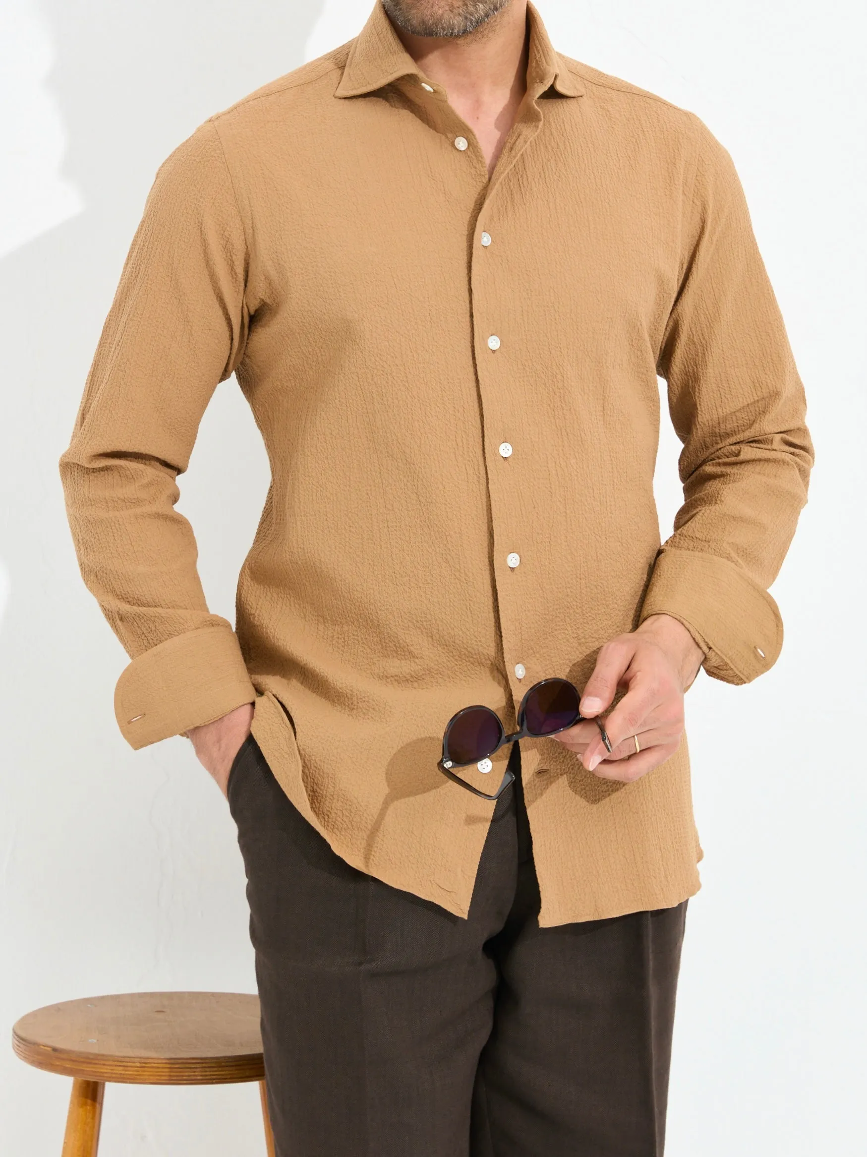 Borriello Napoli - "Il Seersucker" Light Brown Shirt In Pre-Washed Cotton