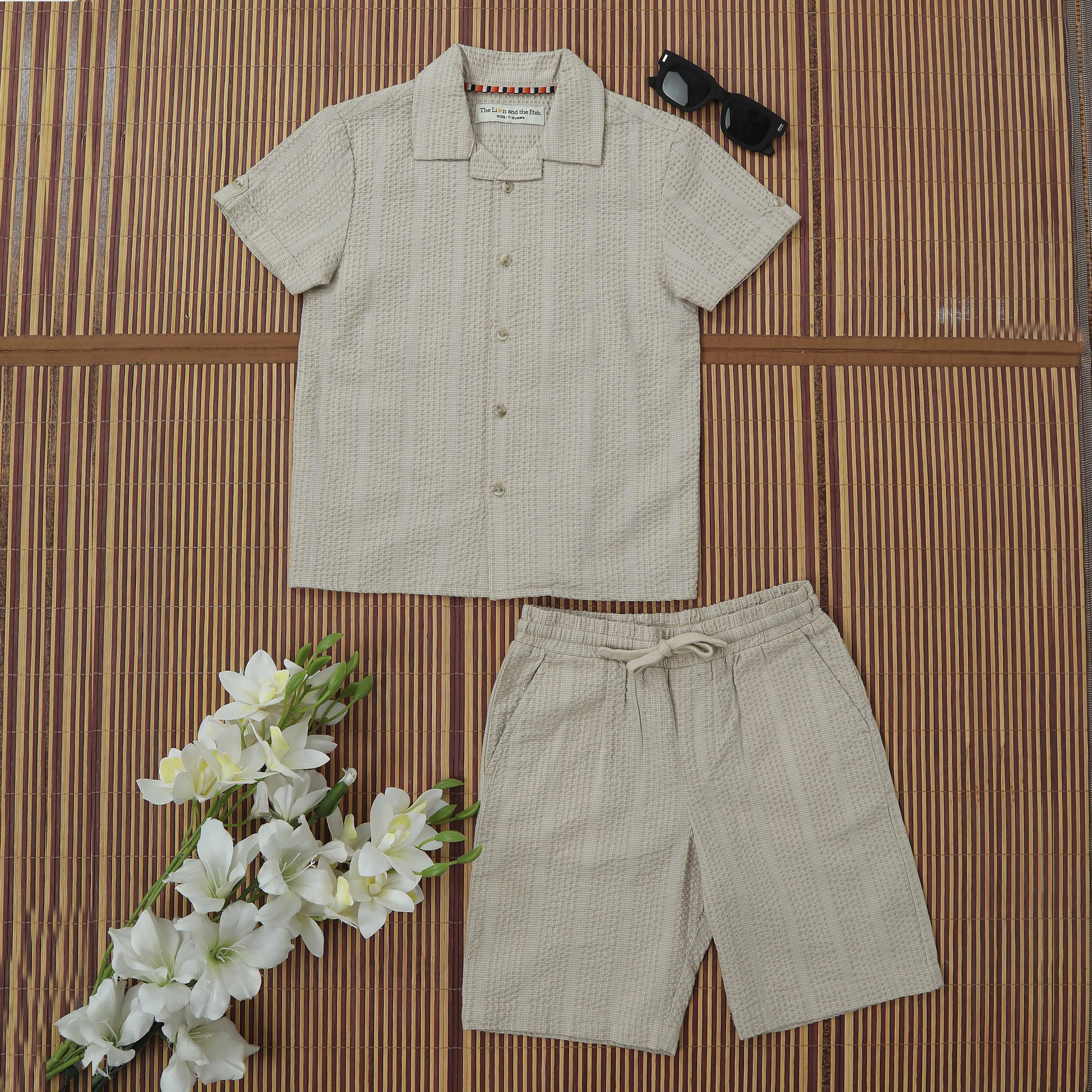 Boys Textured Seersucker Resort Shirt & Short Co-Ord Set Warm Ivory