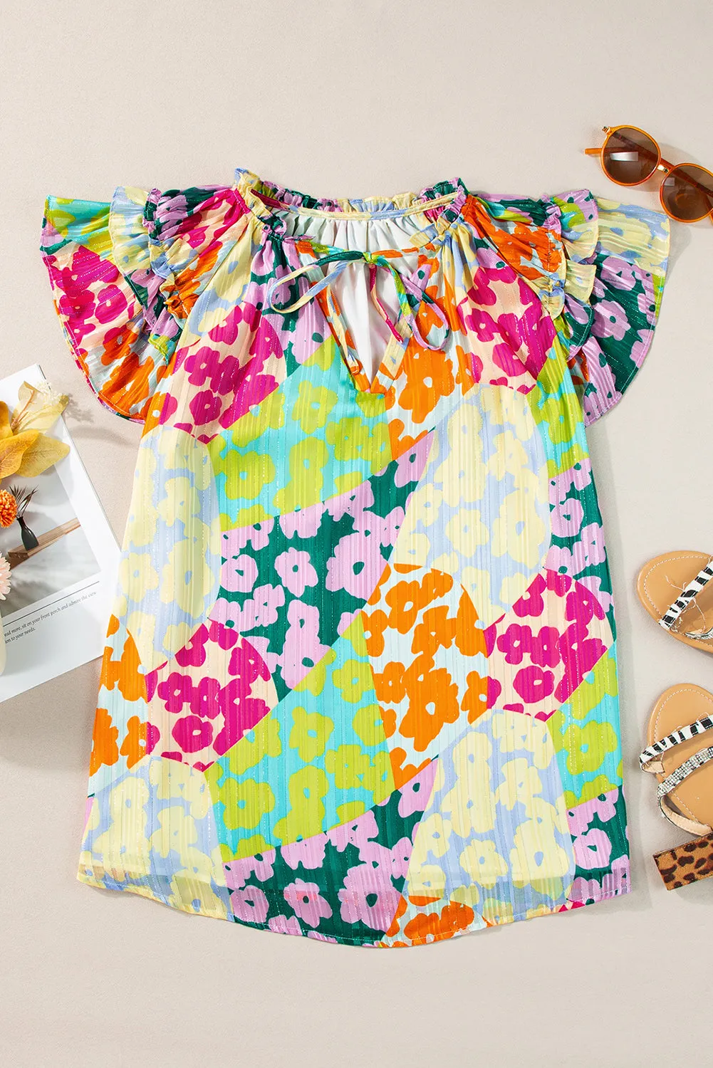 Bradley Ruffled Printed Tie Neck Cap Sleeve Blouse