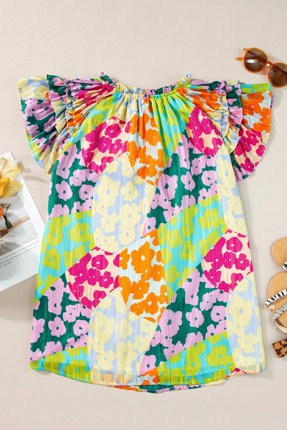 Bradley Ruffled Printed Tie Neck Cap Sleeve Blouse