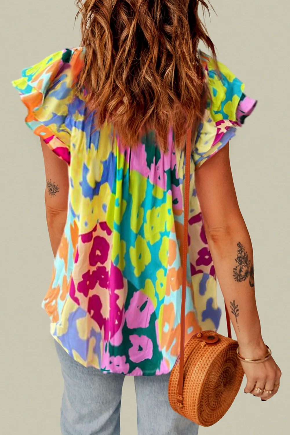 Bradley Ruffled Printed Tie Neck Cap Sleeve Blouse
