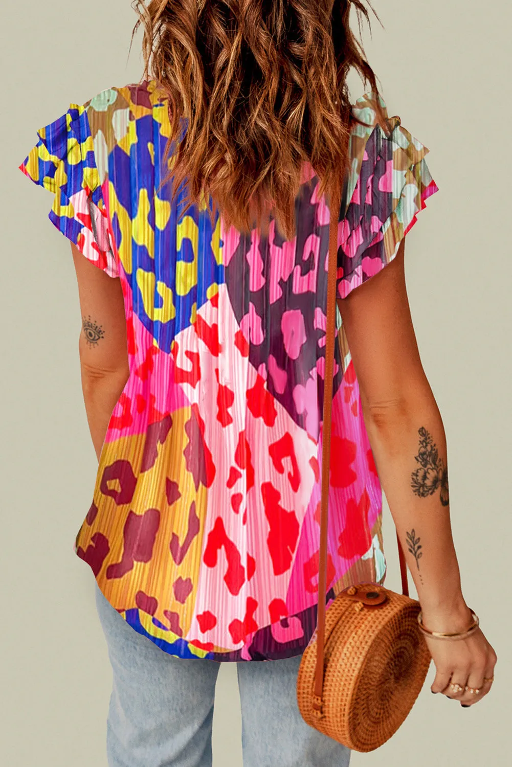 Bradley Ruffled Printed Tie Neck Cap Sleeve Blouse