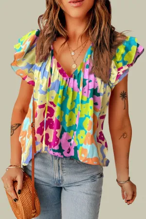 Bradley Ruffled Printed Tie Neck Cap Sleeve Blouse