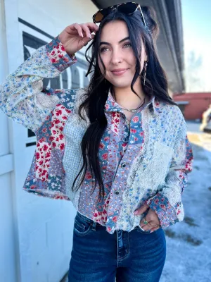 Bren Mixed Printed LS Button Down Top