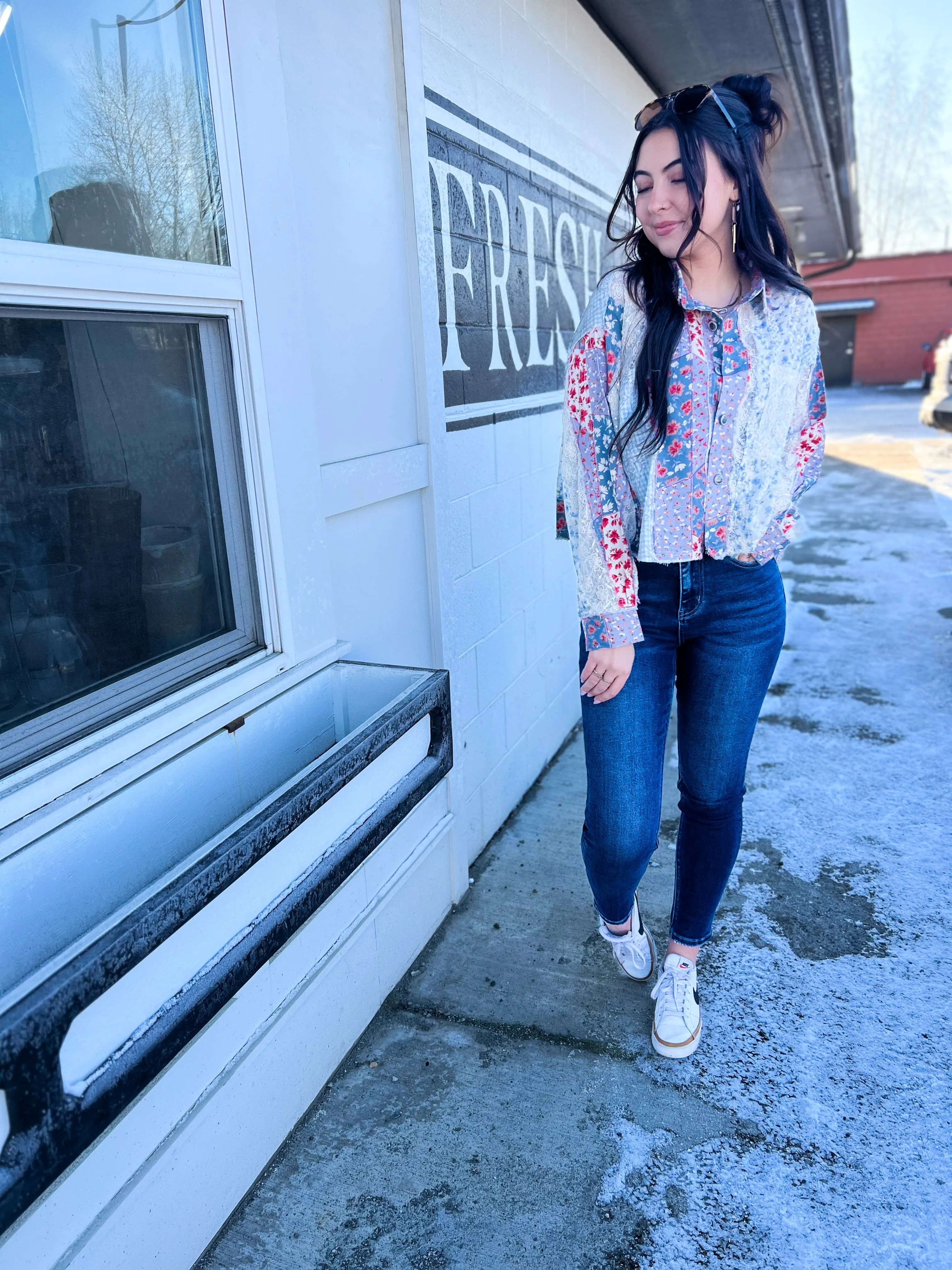 Bren Mixed Printed LS Button Down Top