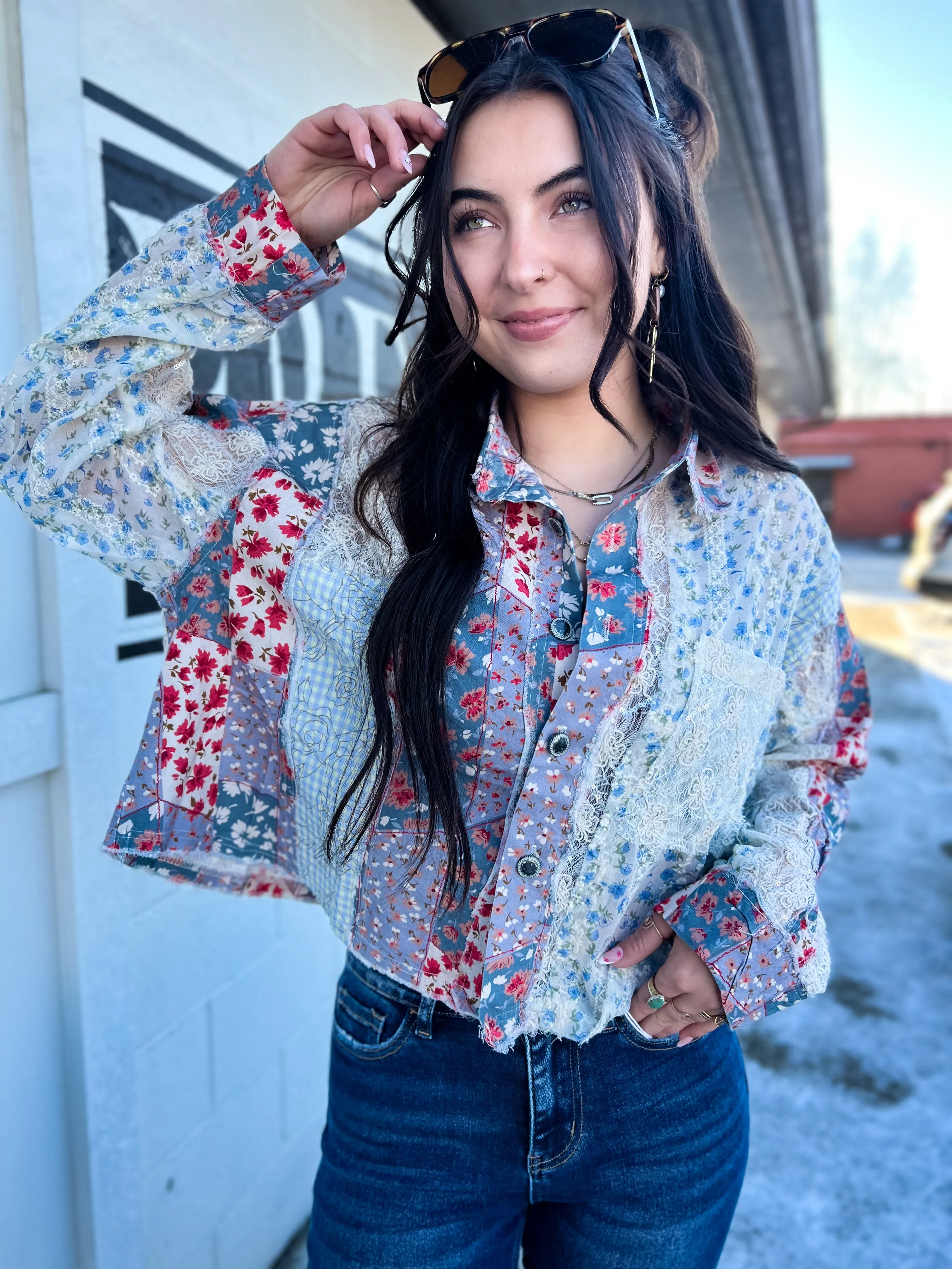 Bren Mixed Printed LS Button Down Top
