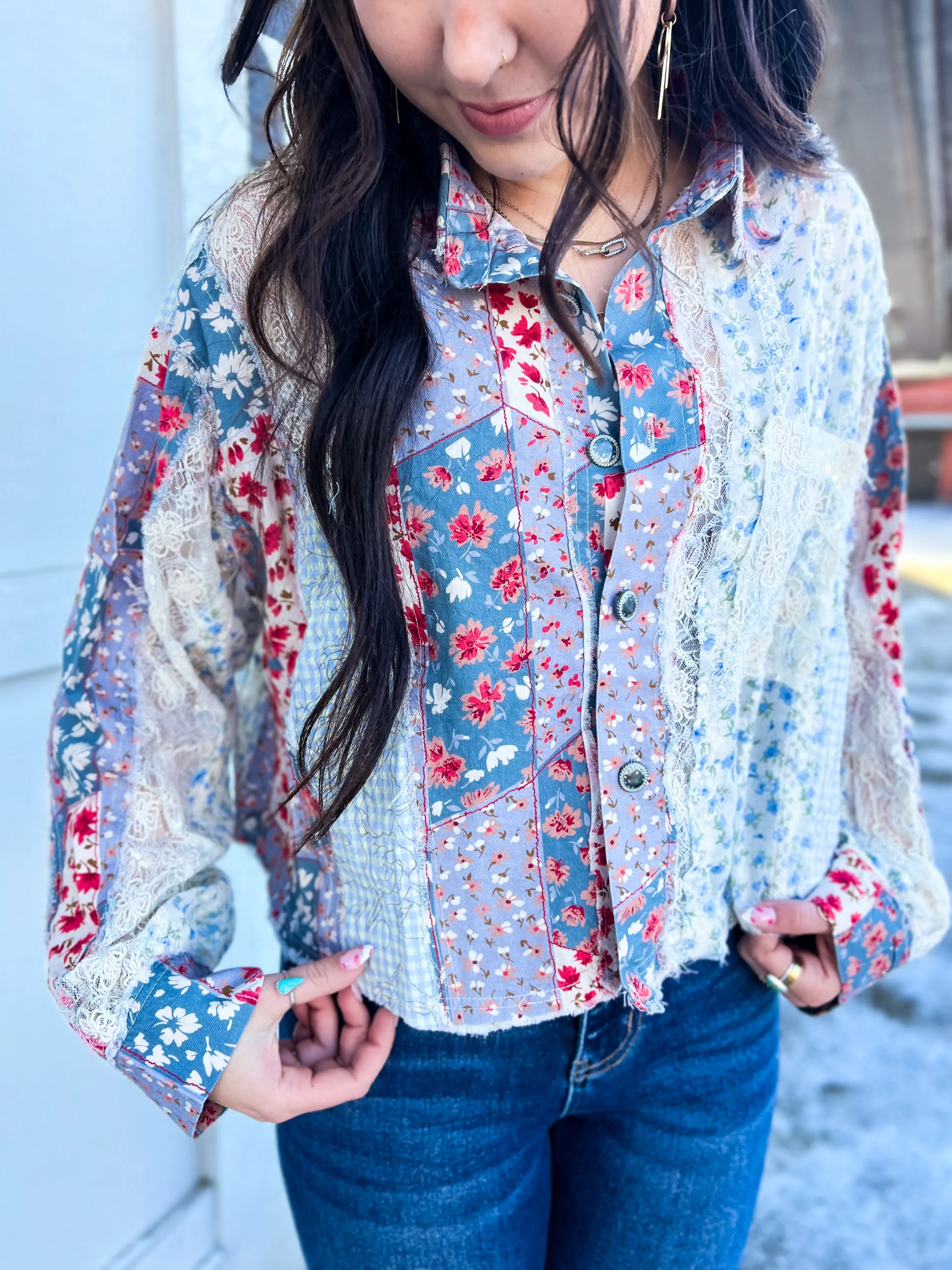 Bren Mixed Printed LS Button Down Top