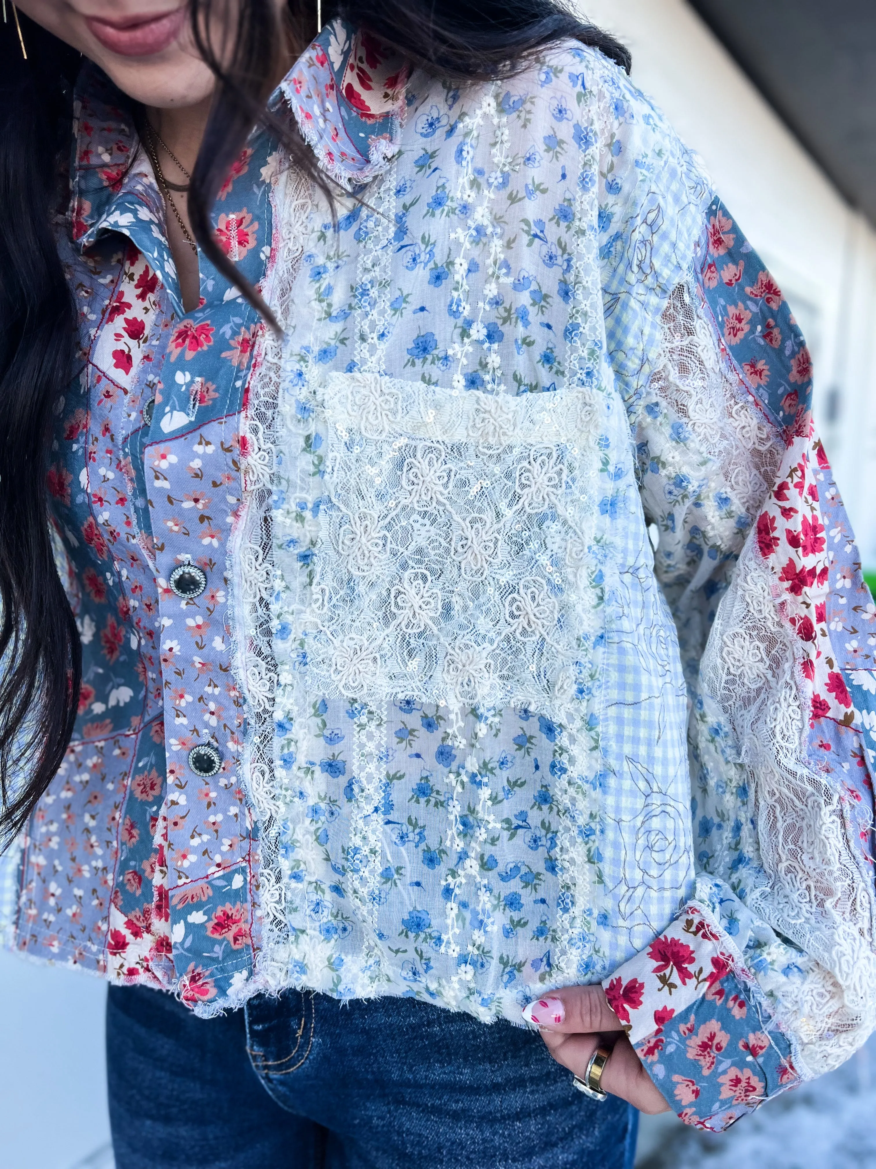 Bren Mixed Printed LS Button Down Top