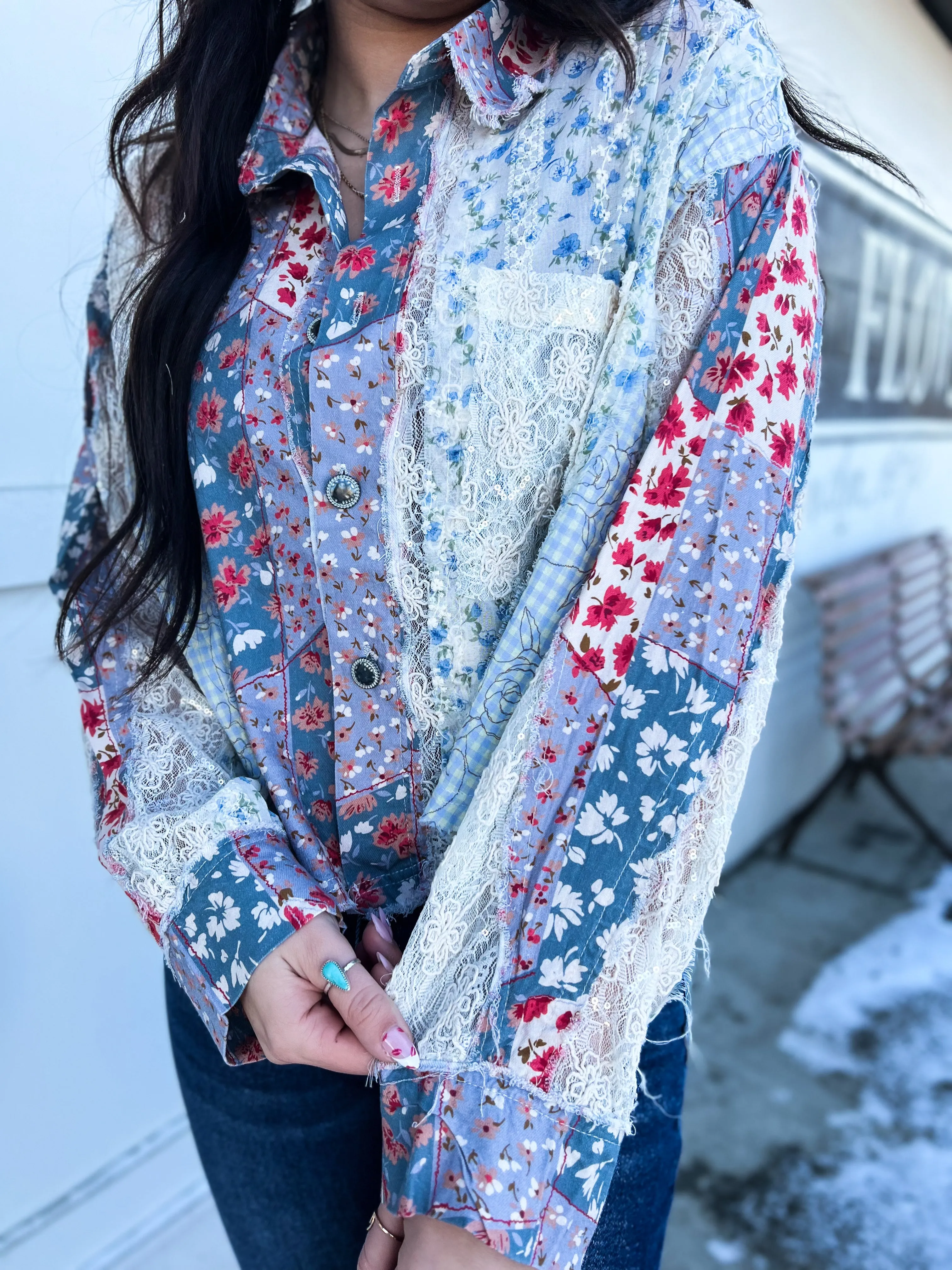 Bren Mixed Printed LS Button Down Top