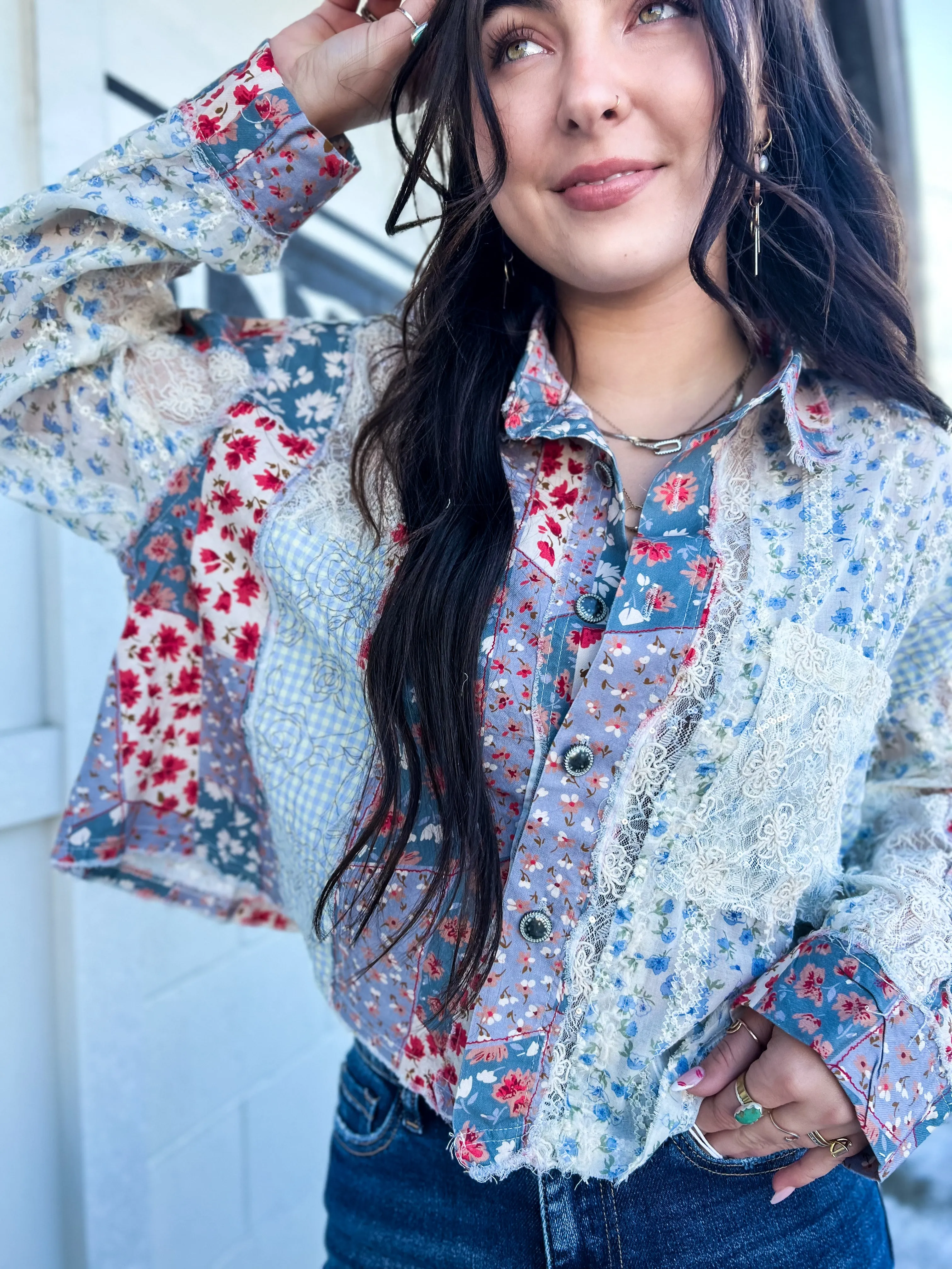Bren Mixed Printed LS Button Down Top