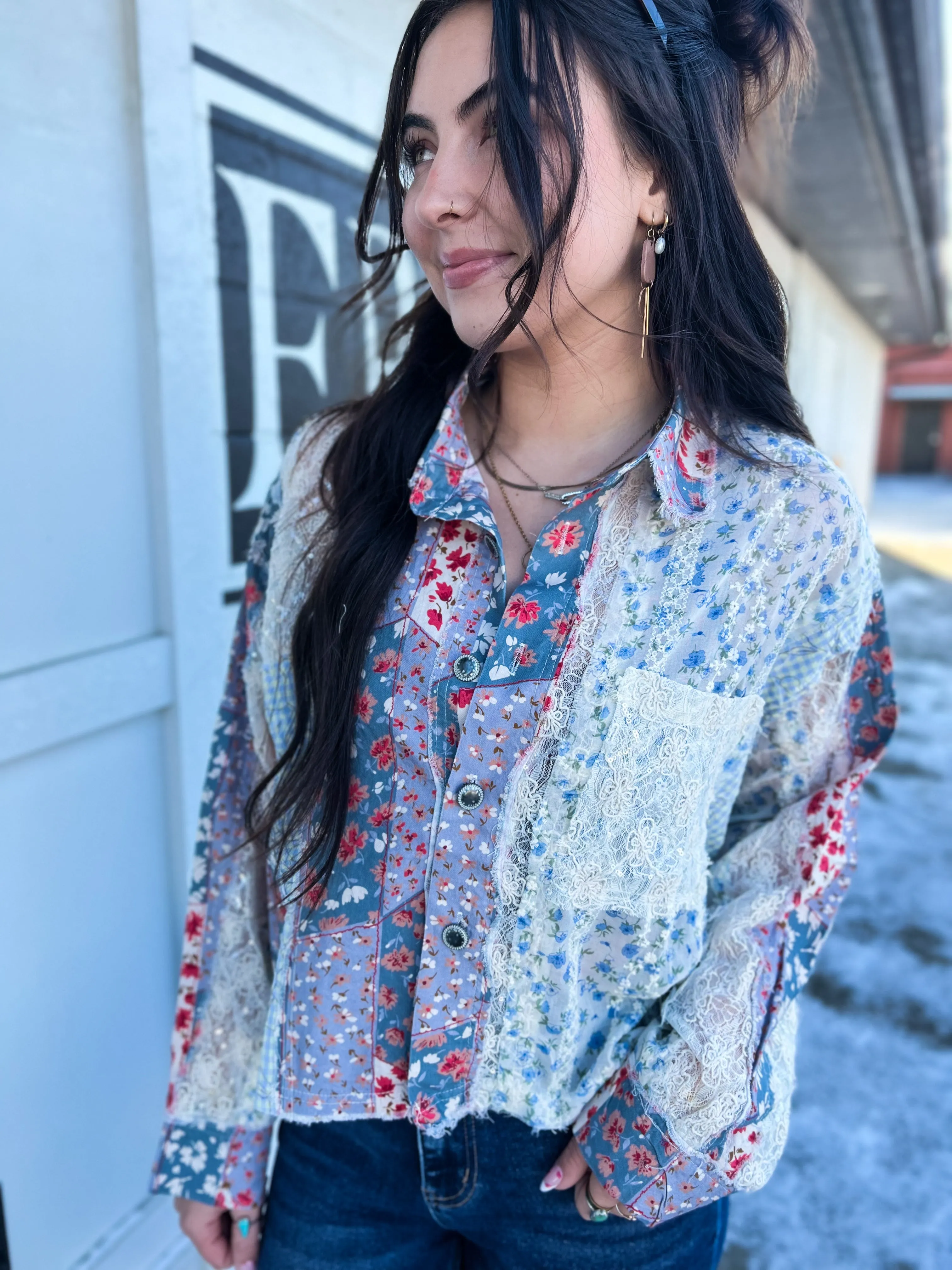 Bren Mixed Printed LS Button Down Top