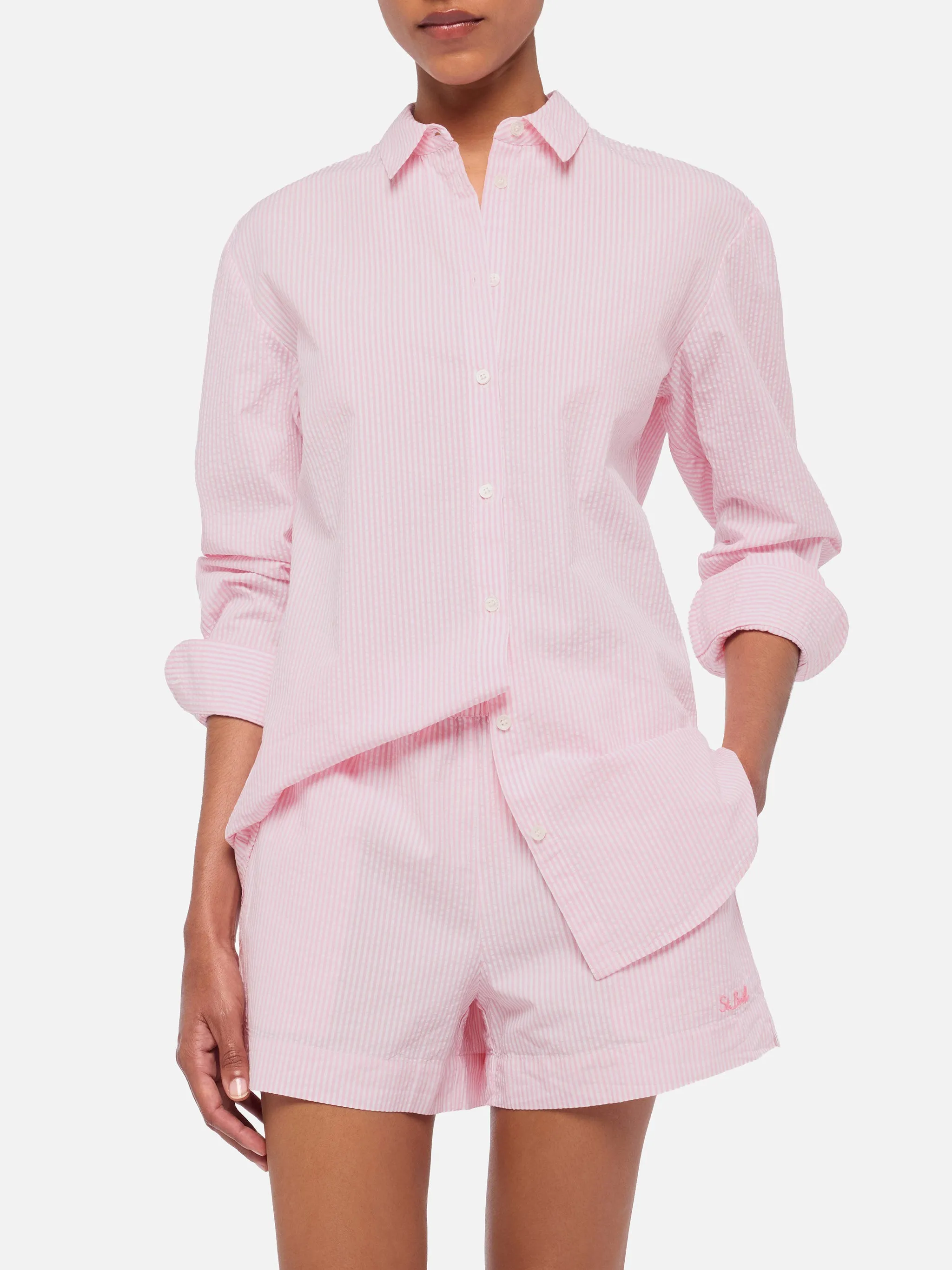 Brigitte striped-print seersucker shirt with Saint Barth embroidery