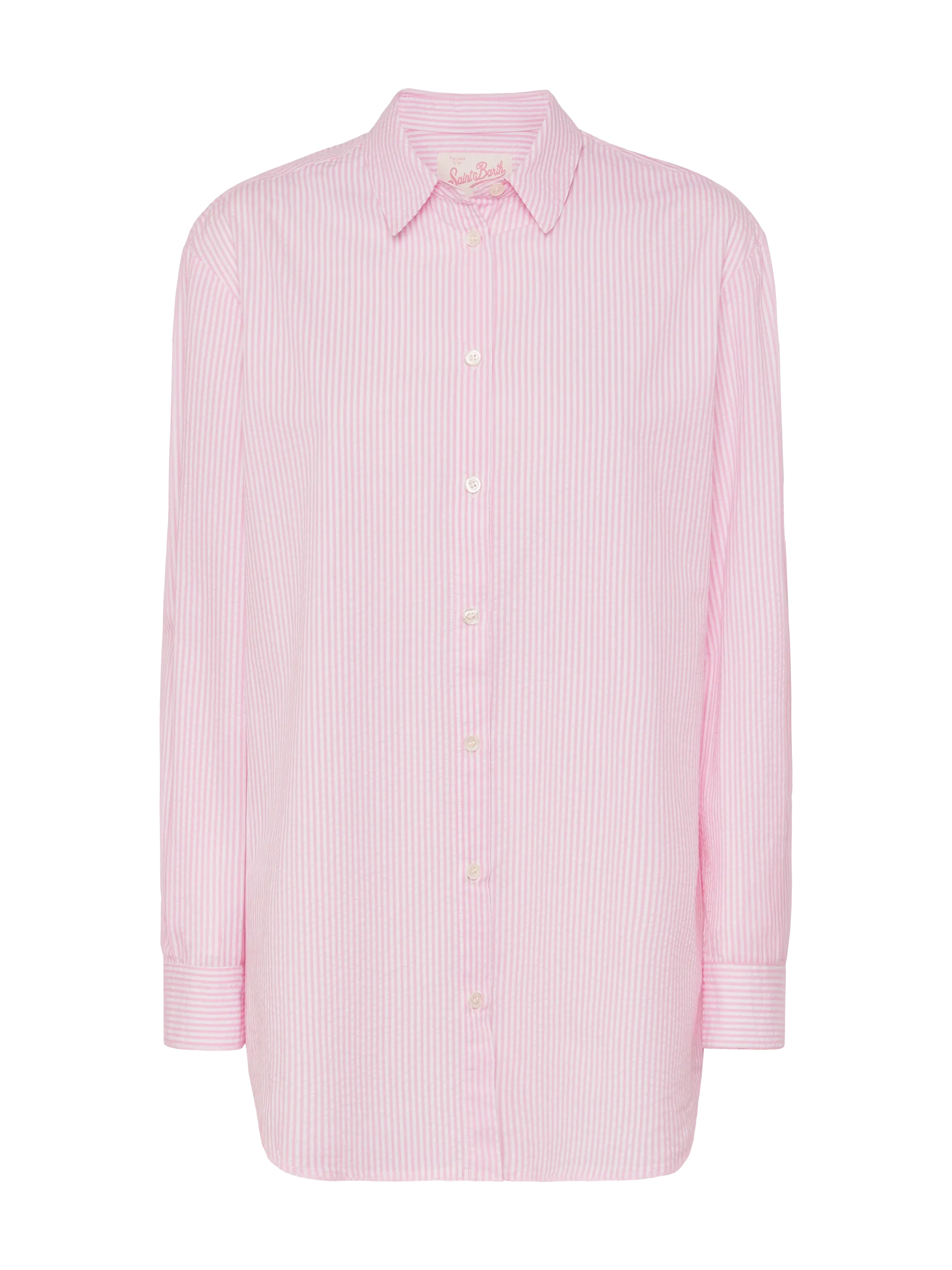 Brigitte striped-print seersucker shirt with Saint Barth embroidery