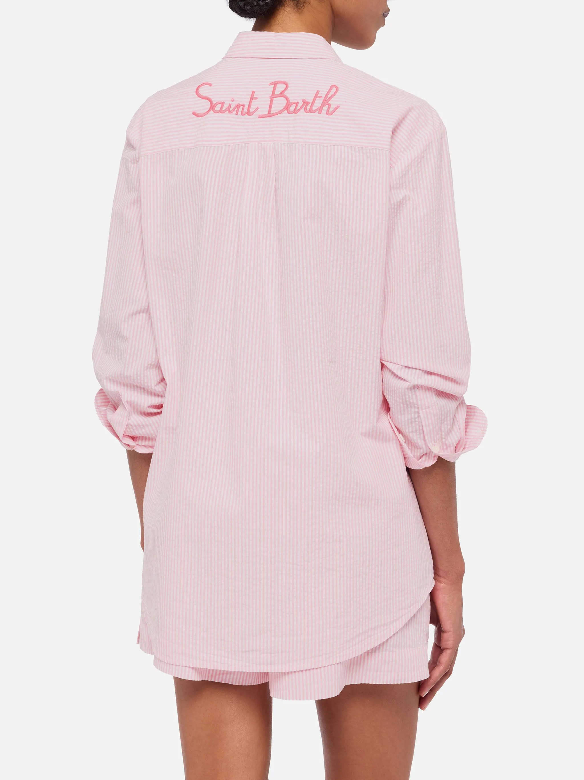 Brigitte striped-print seersucker shirt with Saint Barth embroidery