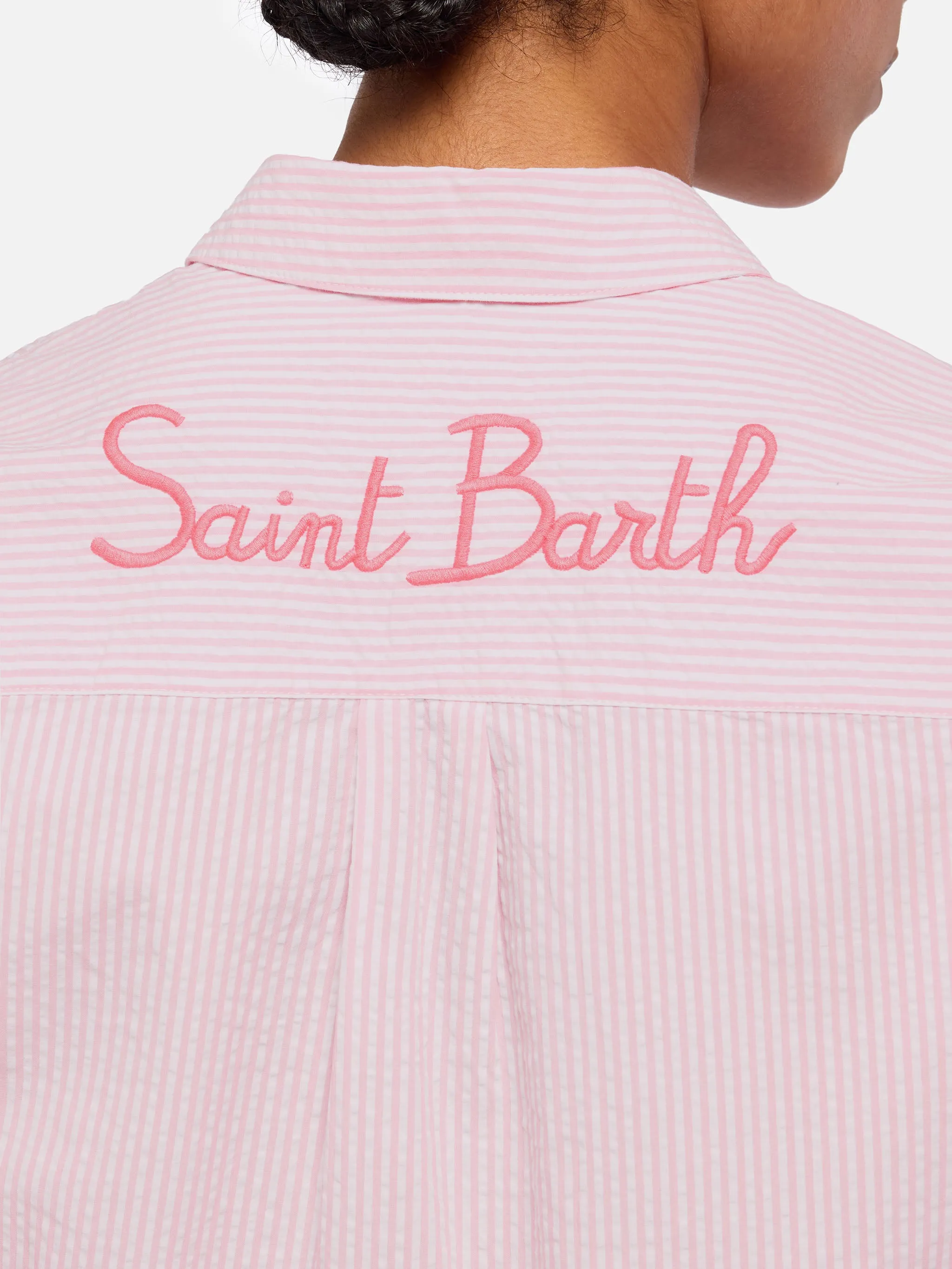 Brigitte striped-print seersucker shirt with Saint Barth embroidery