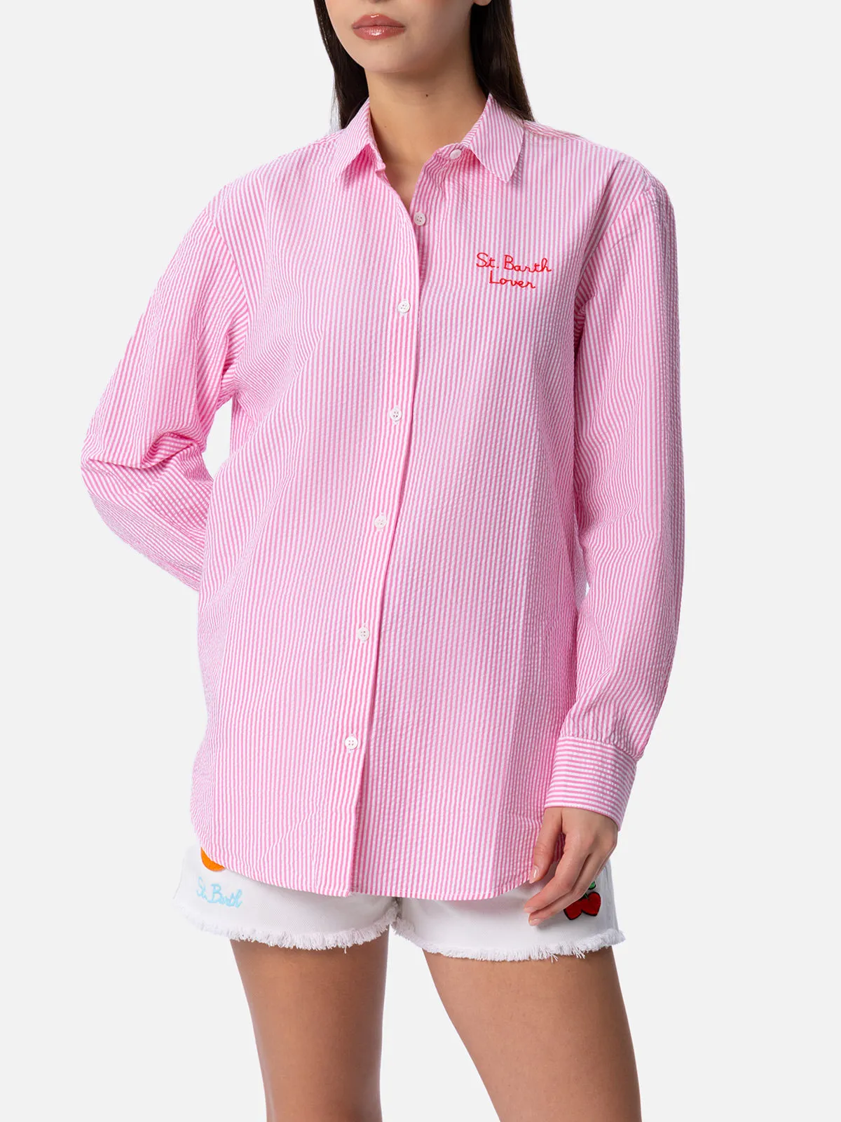 Brigitte striped seersucker shirt with Snoopy print