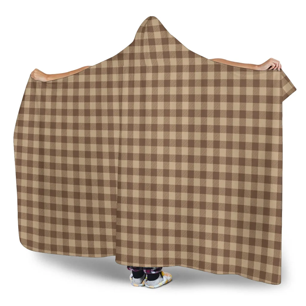 Brown and Beige Buffalo Plaid Hooded Blanket With Tan Sherpa Lining