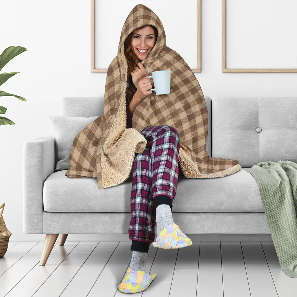 Brown and Beige Buffalo Plaid Hooded Blanket With Tan Sherpa Lining