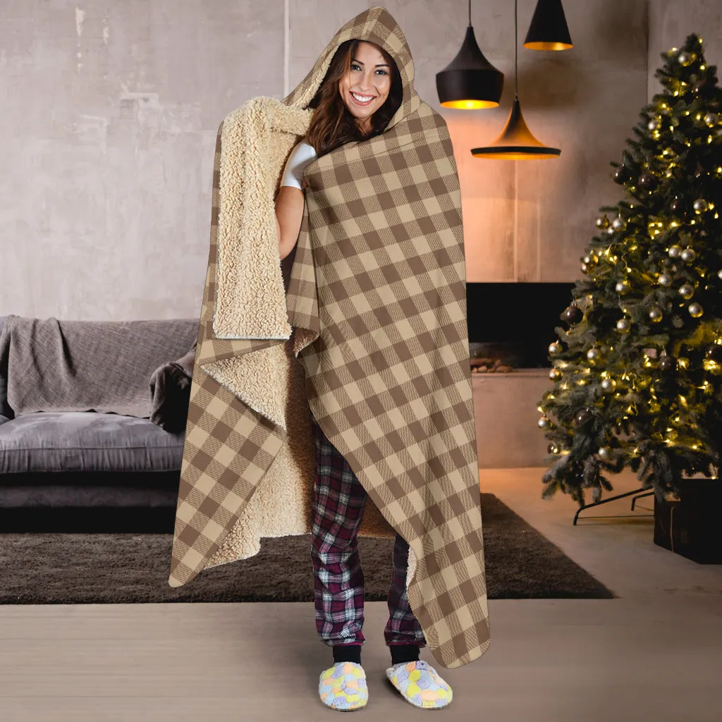 Brown and Beige Buffalo Plaid Hooded Blanket With Tan Sherpa Lining