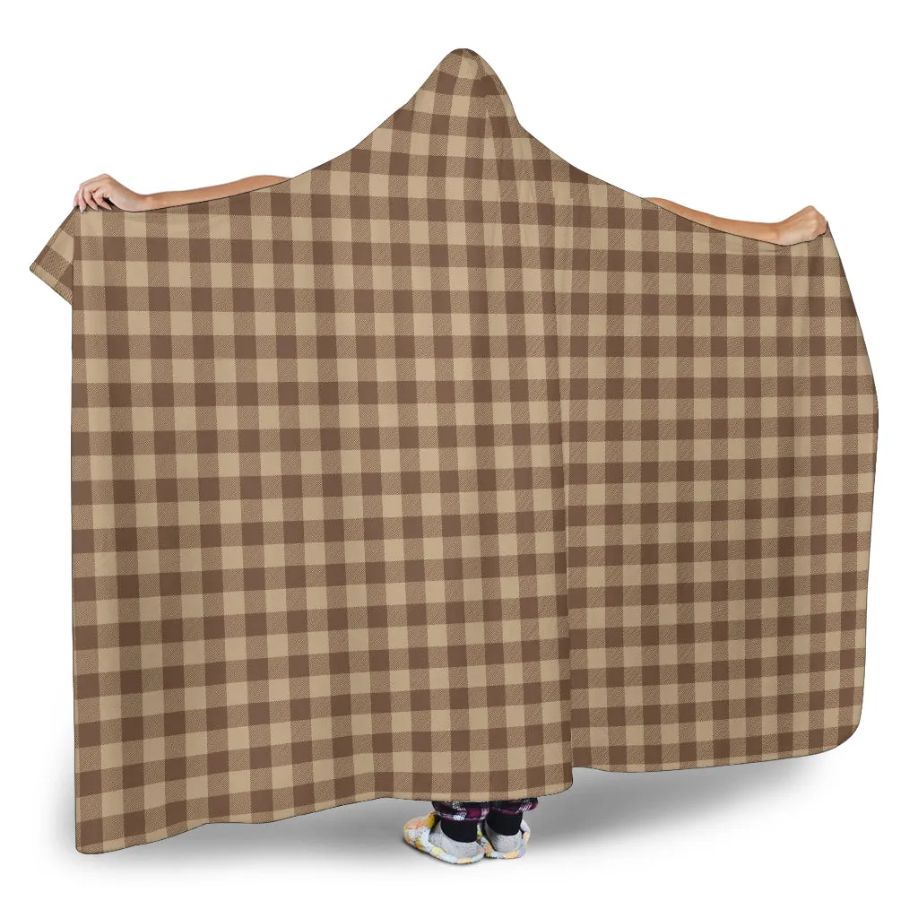 Brown and Beige Buffalo Plaid Hooded Blanket With Tan Sherpa Lining