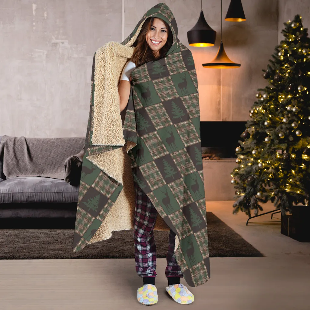 Brown and Green Plaid Patchwork Deer and Pine Tree Pattern Hooded Blanket