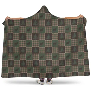 Brown and Green Plaid Patchwork Deer and Pine Tree Pattern Hooded Blanket