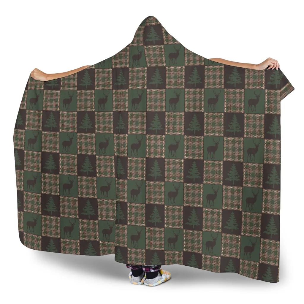 Brown and Green Plaid Patchwork Deer and Pine Tree Pattern Hooded Blanket